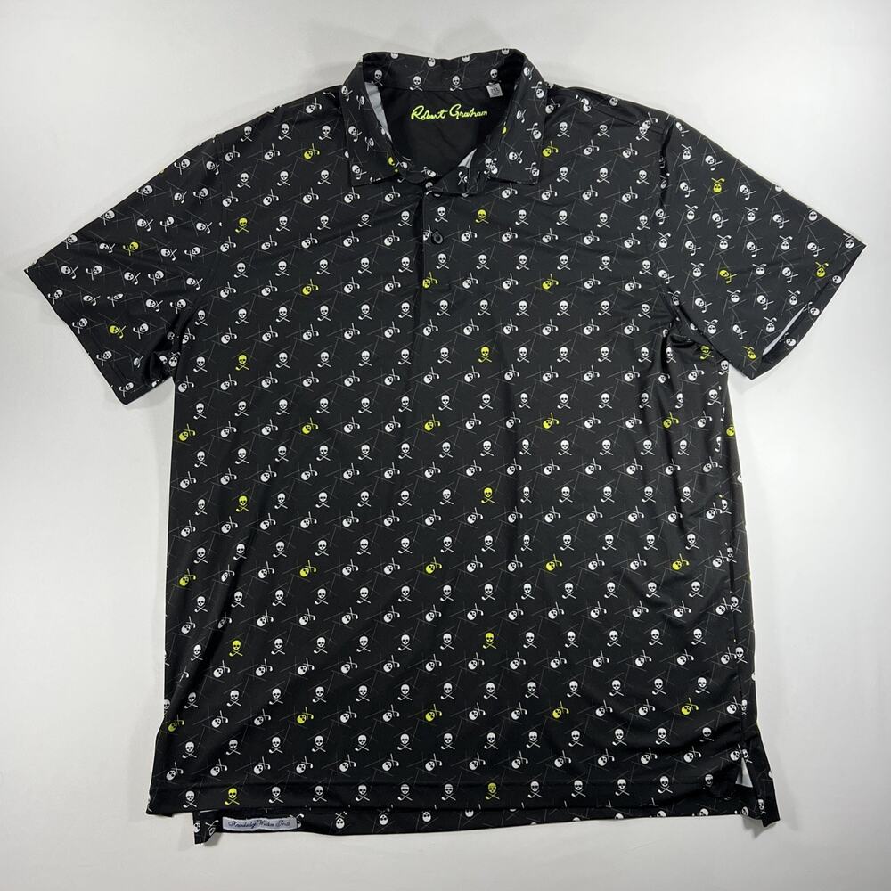 Robert Graham Polo Shirt Men's XXL Classic Fit Short Sleeve AOP Skull Golf Black
